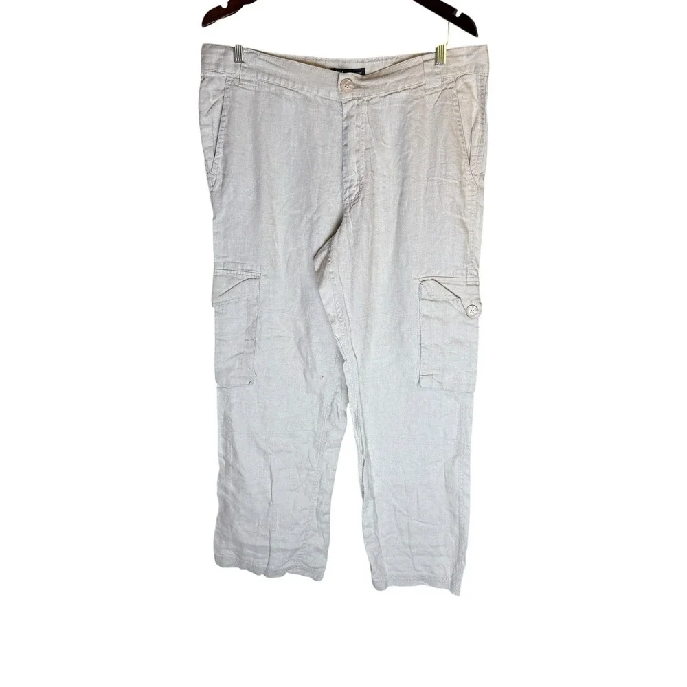 International Concepts INC Wide Leg Cargo Pants Tan Womans Linen Sz Lg Lagenlook